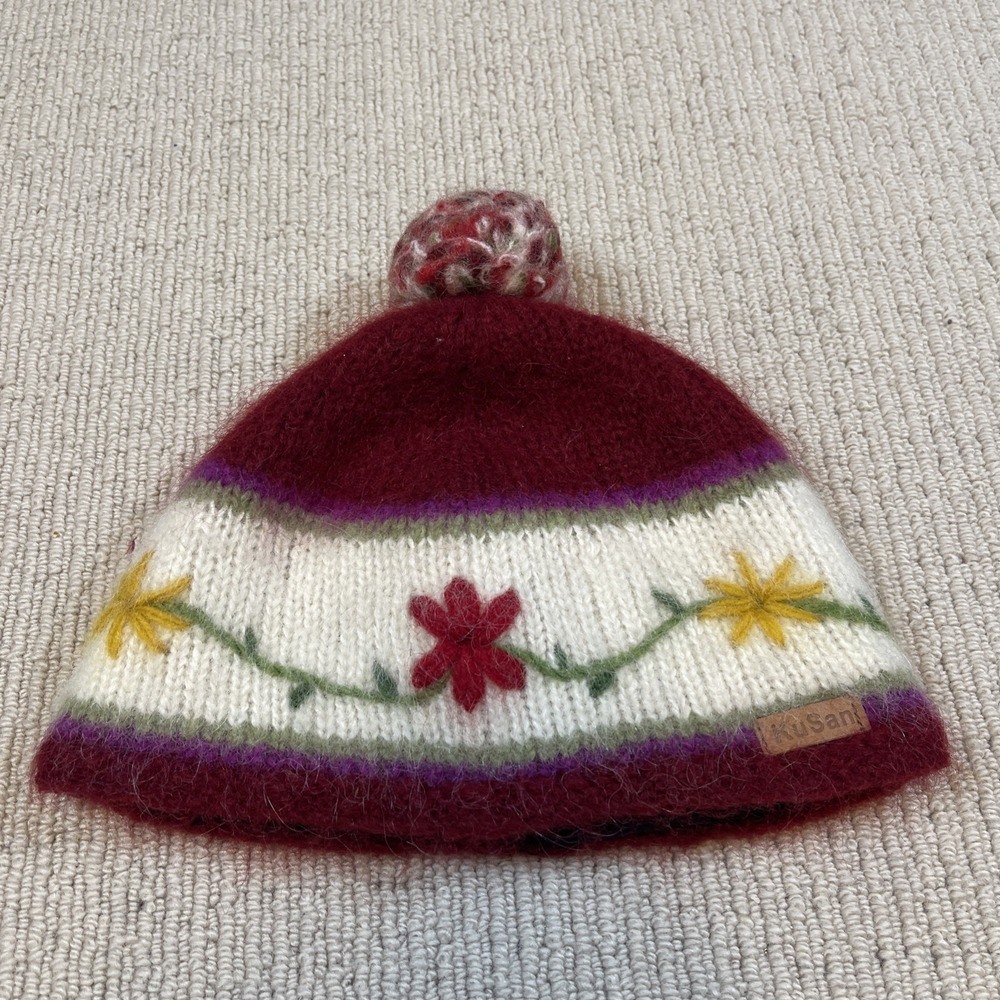 KuSan Wool Blend Floral Embroidered Pom Pom Beanie Made In Nepal